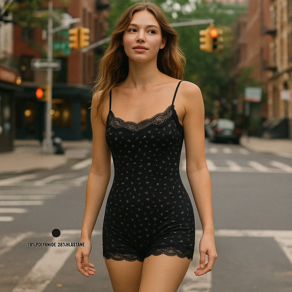 Lace Bodysuit黑色蕾丝花朵吊带Kim同款连体衣塑身衣skims Y2K