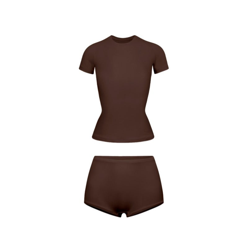 Cotton Jersey经典运动套装女士瑜伽T恤修身短裤塑身分体式套装